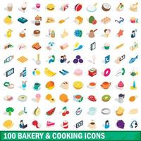 100 bakkerij koken iconen set, isometrische 3D-stijl vector