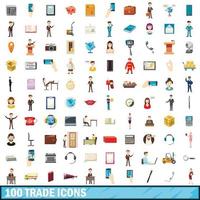 100handel iconen set, cartoon stijl vector