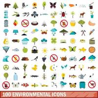 100 milieu iconen set, vlakke stijl vector