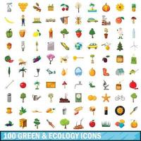 100 groene ecologie iconen set, cartoon stijl vector