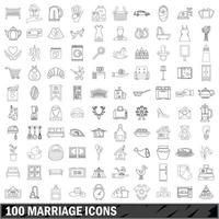 100 huwelijk iconen set, Kaderstijl vector