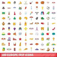 100 europa reis iconen set, cartoon stijl vector