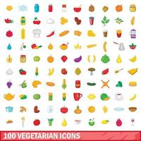 100 vegetarische iconen set, cartoon stijl vector