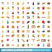 100 eten en drinken iconen set, cartoon stijl vector