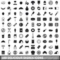 100 heerlijke gerechten iconen set, eenvoudige stijl vector