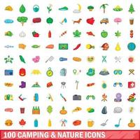 100 camping en natuur iconen set, cartoon stijl vector