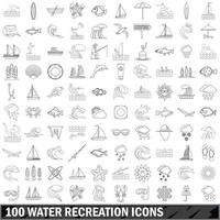 100 waterrecreatie iconen set, Kaderstijl vector