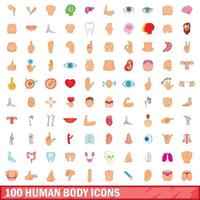 100 menselijk lichaam iconen set, cartoon stijl vector