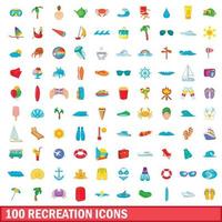 100 recreatie iconen set, cartoon stijl vector