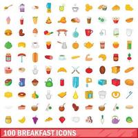 100 ontbijt iconen set, cartoon stijl vector