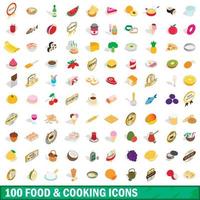 100 eten en koken iconen set, isometrische 3D-stijl vector