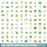 100 groen en ecologie iconen set, cartoon stijl vector