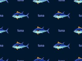 tonijn cartoon karakter naadloze patroon op blauwe achtergrond. pixelstijl vector