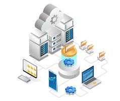 isometrisch illustratieconcept van engine voor analyse van cloudservergegevens vector