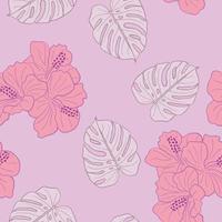 hibiscus bloemen en bladeren naadloze patroon achtergrond. tropische natuur inpakpapier of textielontwerp. mooie print met handgetekende exotische bloem. vector
