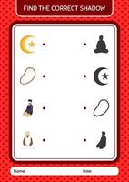 vind het juiste schaduwspel met het ramadan-pictogram. werkblad voor kleuters, activiteitenblad voor kinderen vector