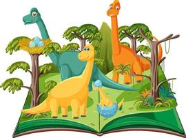 geopend boek met dinosaurus in prehistorisch bos vector