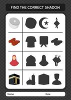 vind het juiste schaduwspel met het ramadan-pictogram. werkblad voor kleuters, activiteitenblad voor kinderen vector