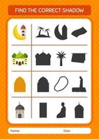 vind het juiste schaduwspel met het ramadan-pictogram. werkblad voor kleuters, activiteitenblad voor kinderen vector