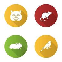 huisdieren platte ontwerp lange schaduw glyph pictogrammen instellen. Britse kat, muis, cavia, grasparkiet. vector silhouet illustratie