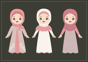 een set schattige hijab-meisjes in een mooie jurk vector