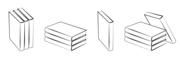 set van iconen, boeken getekend in de stijl van freehand in verschillende posities. onderwijs op school en bibliotheek, het verkrijgen van kennis uit de literatuur. geïsoleerde vector op witte achtergrond