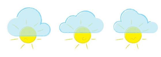 heldere zomerzon instellen met verschillende emoties gesloten door wolken, met de hand getekend in grunge-stijl. bewolkt. ontwerpelement voor kinderen. geïsoleerde vector op witte achtergrond