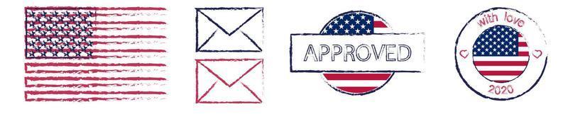 postzegels in kleuren en met de symbolen van de Amerikaanse vlag. bezorging van wenskaarten en brieven. geïsoleerde vector op witte achtergrond