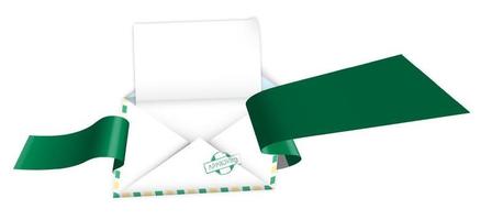 concept, open envelop met blanco vel papier verpakt in glanzend feestelijk lint met elementen van de vlag van nigeria. felicitatiesjabloon, informatielay-out vector