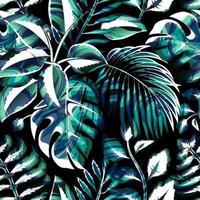 abstracte tropische patroon met monstera en kokos planten gebladerte op nacht achtergrond. nacht jungle behang. natuur decoratief. natuur patroon. exotische tropen. zomer ontwerp vector
