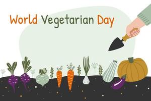 wereld vegetarische dag banner. man is aan het oogsten in een veld vector