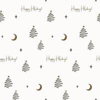 naadloze patroon met abstracte hand getrokken kerstbomen, maan, sterren en tekst. vector