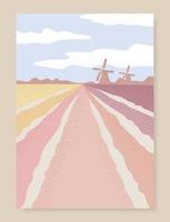 nederlands landschap met tulpenveld en windmolen. Hollandse achtergrond. vector