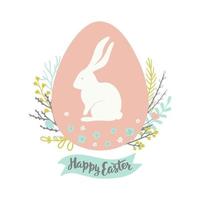 Pasen wenskaart met ei, bloemen krans, konijn en hand getrokken belettering op witte achtergrond. vector