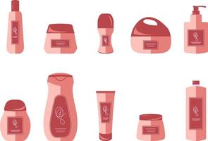 flessen en tubes cosmetica, huidverzorgingspotten met gezichts-, haar- en lichaamscrème. vector