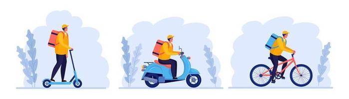 gratis snelle bezorgservice per fiets, scooter, kickscooter. koerier bezorgt eten bestellen. man reist met een pakket. online pakket volgen. expres verzending. vector ontwerp