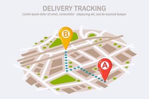 bestelling volgen. levering, transport pakket. kaart met pin, aanwijzer. verzending van pakket. vector ontwerp