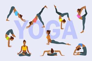 internationale yogadag. set van slanke sportieve jonge vrouw die yoga-oefeningen doet. vector