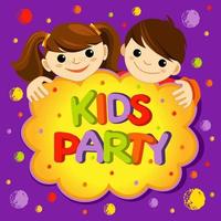 heldere uitnodiging voor kinderfeestje. meisje en jongen, kleurrijke verfspatten met het gebiedslogo voor kinderen voor de kinderspeelplaats voor spel en plezier. vector