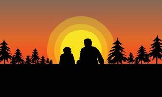 vader en zoon zitten bij zonsondergang plat ontwerp vector
