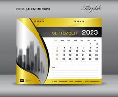 kalender 2023 sjabloon, september 2023 sjabloon, bureaukalender 2023 jaar op gouden achtergronden luxe concept, wandkalender ontwerp, planner, advertentie, drukmedia, vector