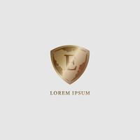 luxe gouden decoratieve schild teken illustratie. letter e alfabet logo ontwerpsjabloon. veiligheid, bescherming logo concept geïsoleerd op lichtgrijze achtergrond. eerste abjad bedrijfslogo vector