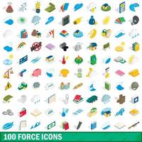 100 kracht iconen set, isometrische 3D-stijl vector
