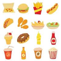 fastfood iconen set, cartoon stijl vector