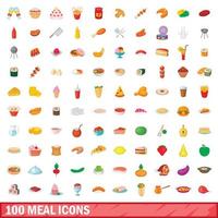 100 maaltijd iconen set, cartoon stijl vector