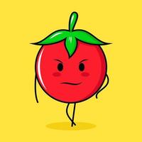 schattig tomatenkarakter met coole uitdrukking. groen, rood en geel. geschikt voor emoticon, logo, mascotte vector