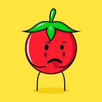 schattig tomatenkarakter met walgelijke uitdrukking en tong die uitsteekt. groen, rood en geel. geschikt voor emoticon, logo, mascotte vector