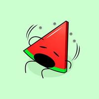 schattig watermeloenschijfje met duizelige uitdrukking, mond open, ga zitten en één hand op het hoofd. groen en rood. geschikt voor emoticon, logo, mascotte en icoon vector