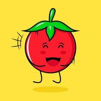 schattig tomatenkarakter met gelukkige uitdrukking, sprong, sluit de ogen en open mond. groen, rood en geel. geschikt voor emoticon, logo, mascotte vector