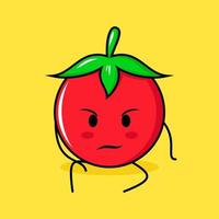 schattig tomatenkarakter met intimidatie-uitdrukking en ga zitten. groen, rood en geel. geschikt voor emoticon, logo, mascotte vector